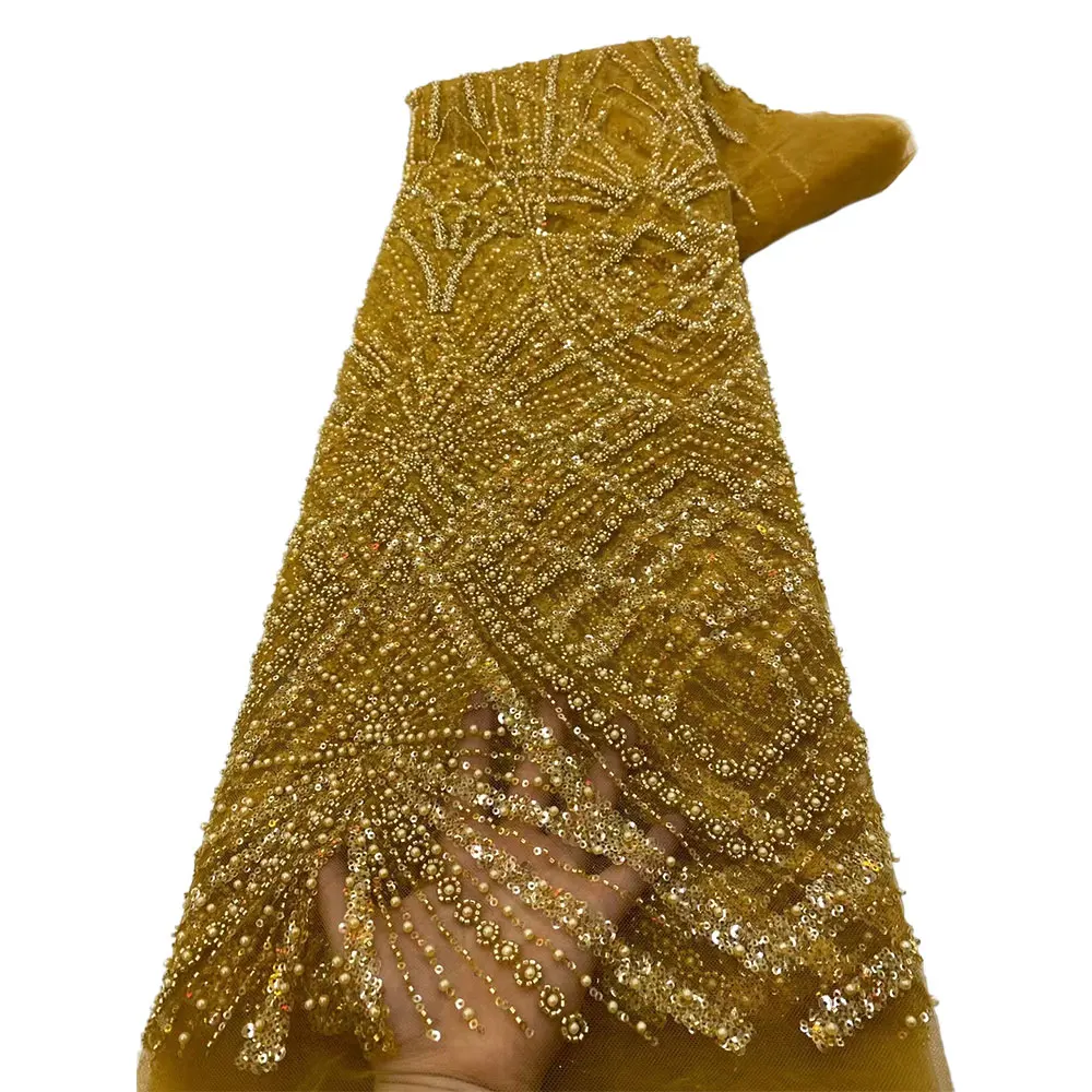 African Sequins Pearls Lace Fabric 2025 High Quality French Heavy Beaded Tulle Lace Fabric Nigeria For Bridal Dress