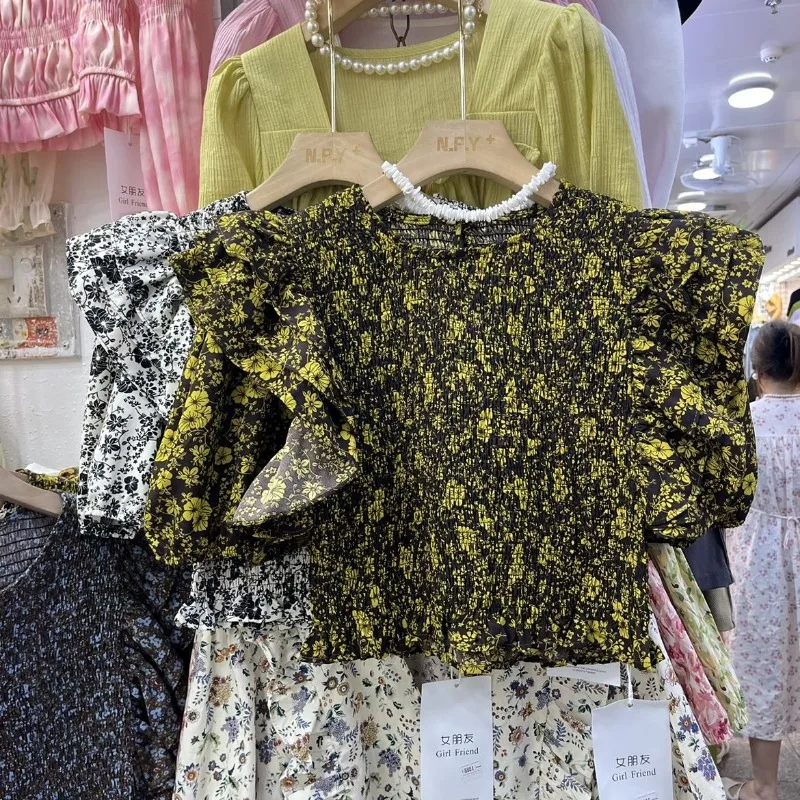 Blusa floral de manga curta feminina, camisas plissadas, blusa feminina elegante, blusa estampada vintage, verão