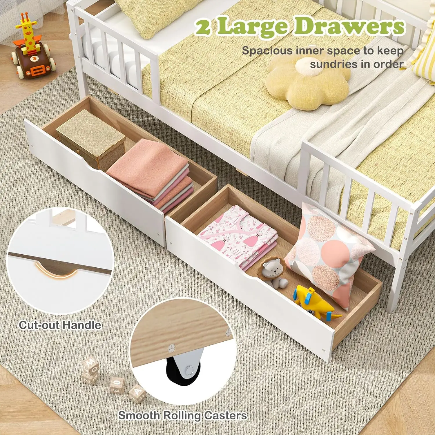 수납 공간이 있는 트윈 어린이 침대, 목재 몬테소리 침대, 남아 여아용 낮은 데이베드, 박스 스프링 필요 없음(흰색)