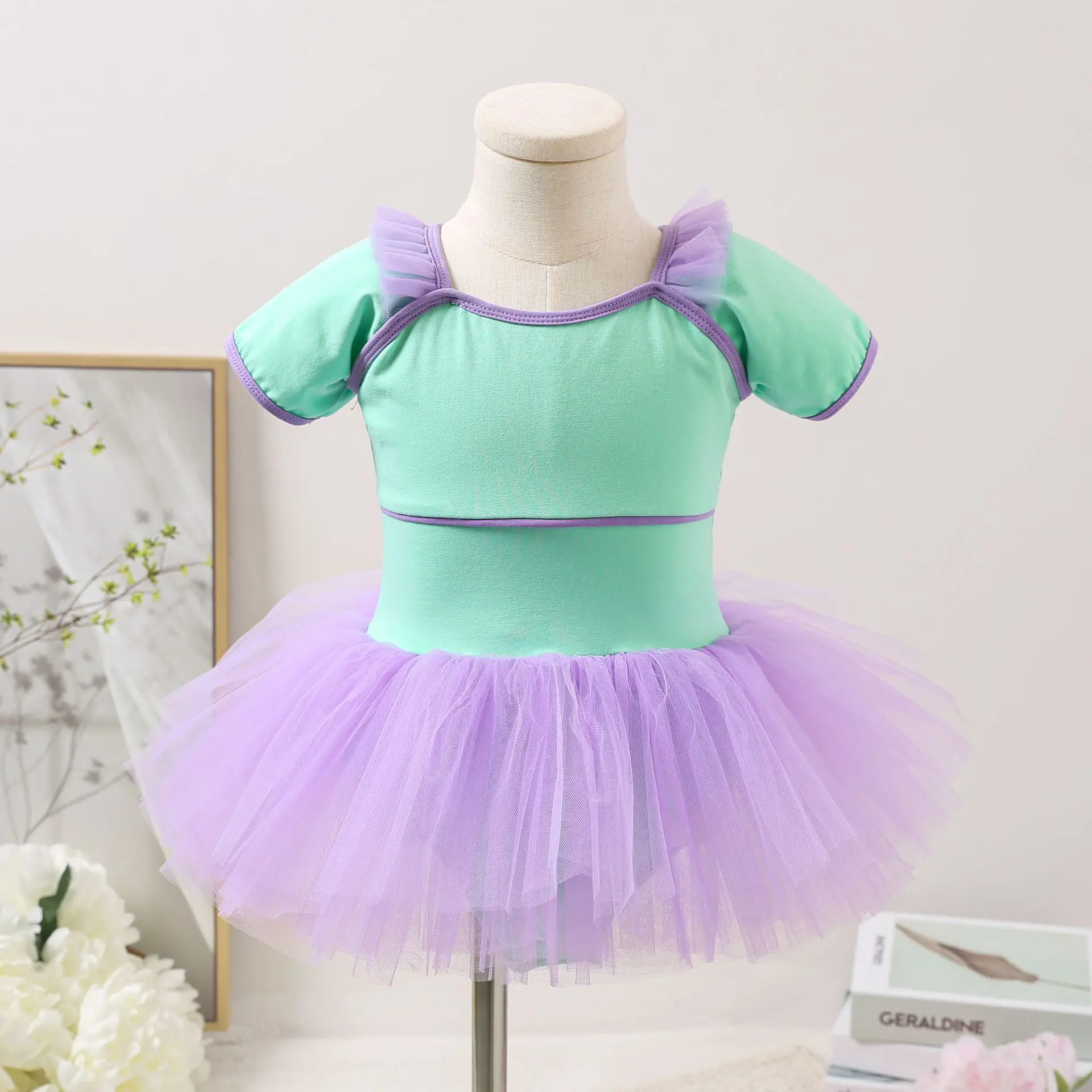 

2024 Ballet Skirts Mesh Splicing Cotton Short-sleeved Dance Skirts Toddler Practice Clothes For Girl 100-160cm Dance Clothing