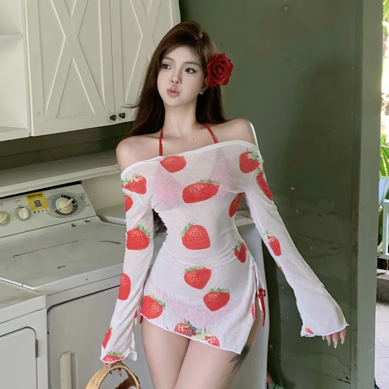 Sexy 3 Pack String Bikini 2025 Women's Swimwear with Long Sleeve Cover Ups Swimsuit Strawberry Print Bathing Suits Beach Wear