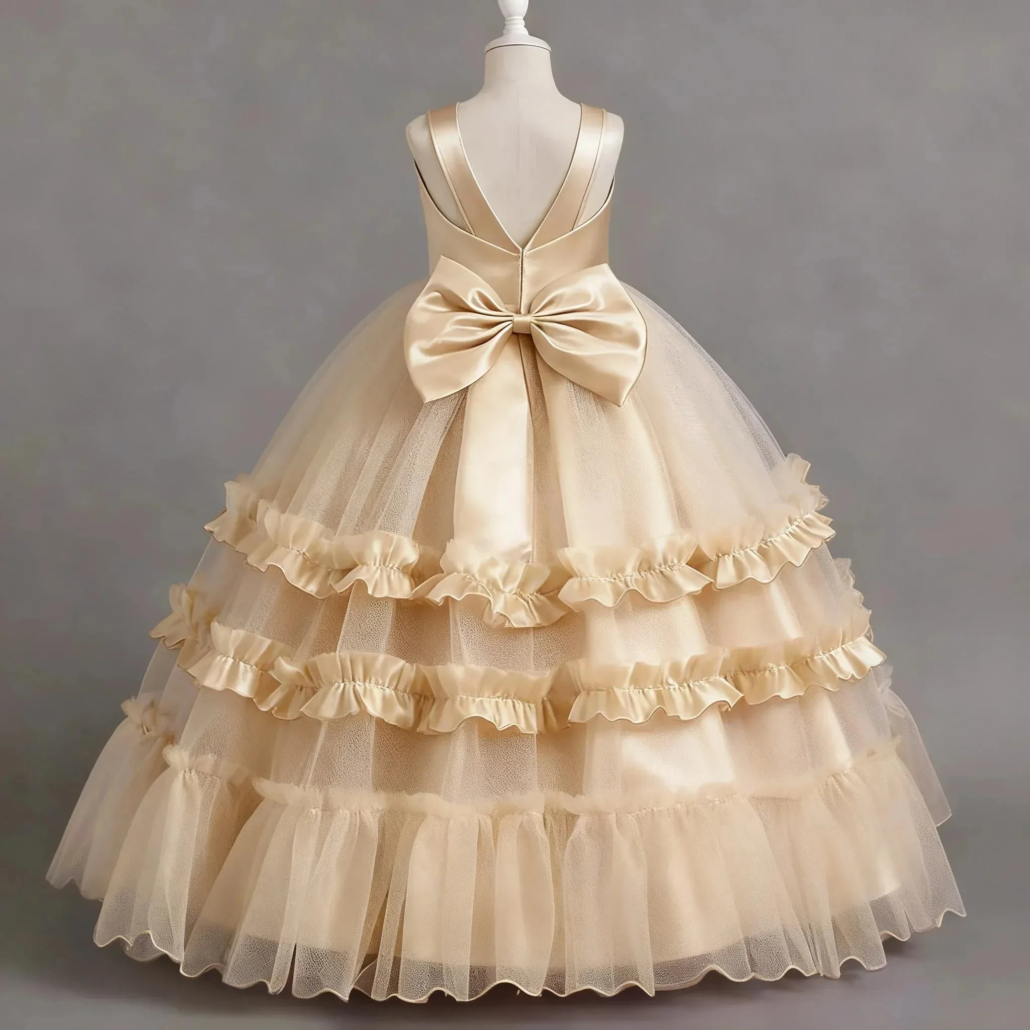 

Элегантное платье цвета шампанского с цветочным узором для девочек, тюлевое пышное платье без рукавов для детей, бальное платье принцессы для банкета, дня рождения, первого причастия