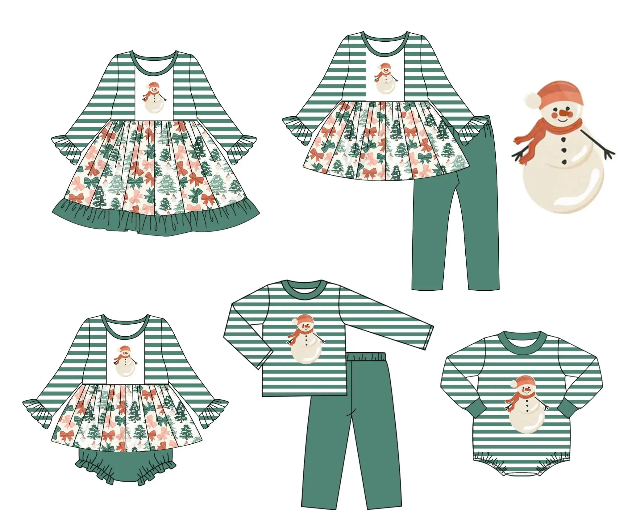 

Christmas boutique children's set long-sleeved lace snowman bow print trousers girls boys striped trousers set baby romper dress