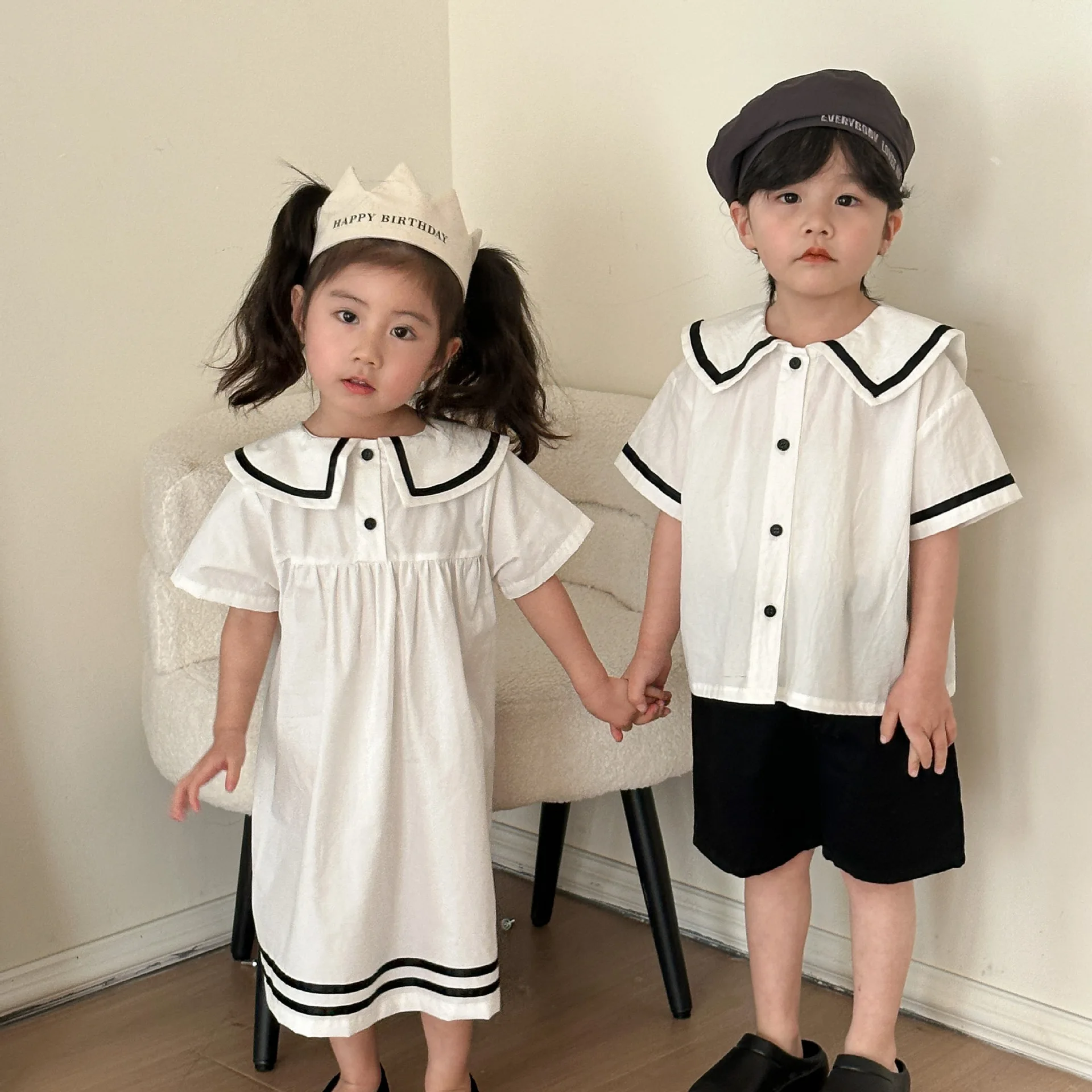 2024 Summer Kids Navy Style Brother Sister Outfits Boy Baby Loose Short Sleeve Tops+Solid Shorts 2pcs Girl Children Cotton Dress