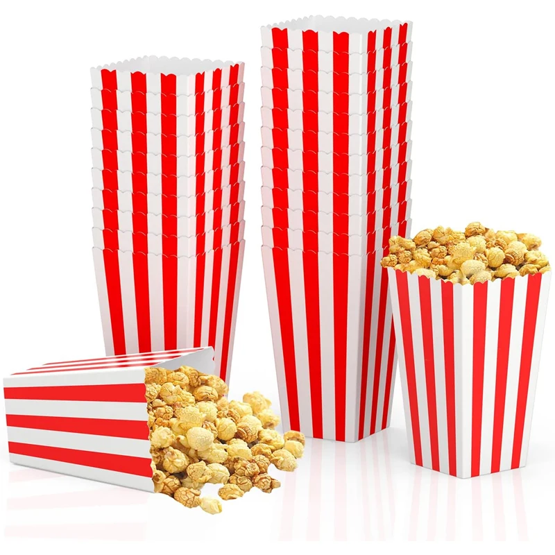 24/36Pcs Popcorn Paper Boxes Buckets Red White Stripes Bags Snack Containers for Movie Night Birthdays Carnival Party Supplies