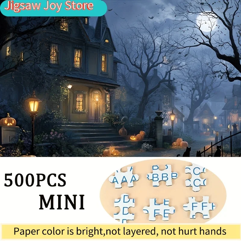 1 Caixa (500 peças) Quebra-Cabeças para Adultos Mansão Misteriosa de Halloween à Luz da Lua Aplicável para Jogos de Festa e Atividades - Cores Misturadas Assustadoras