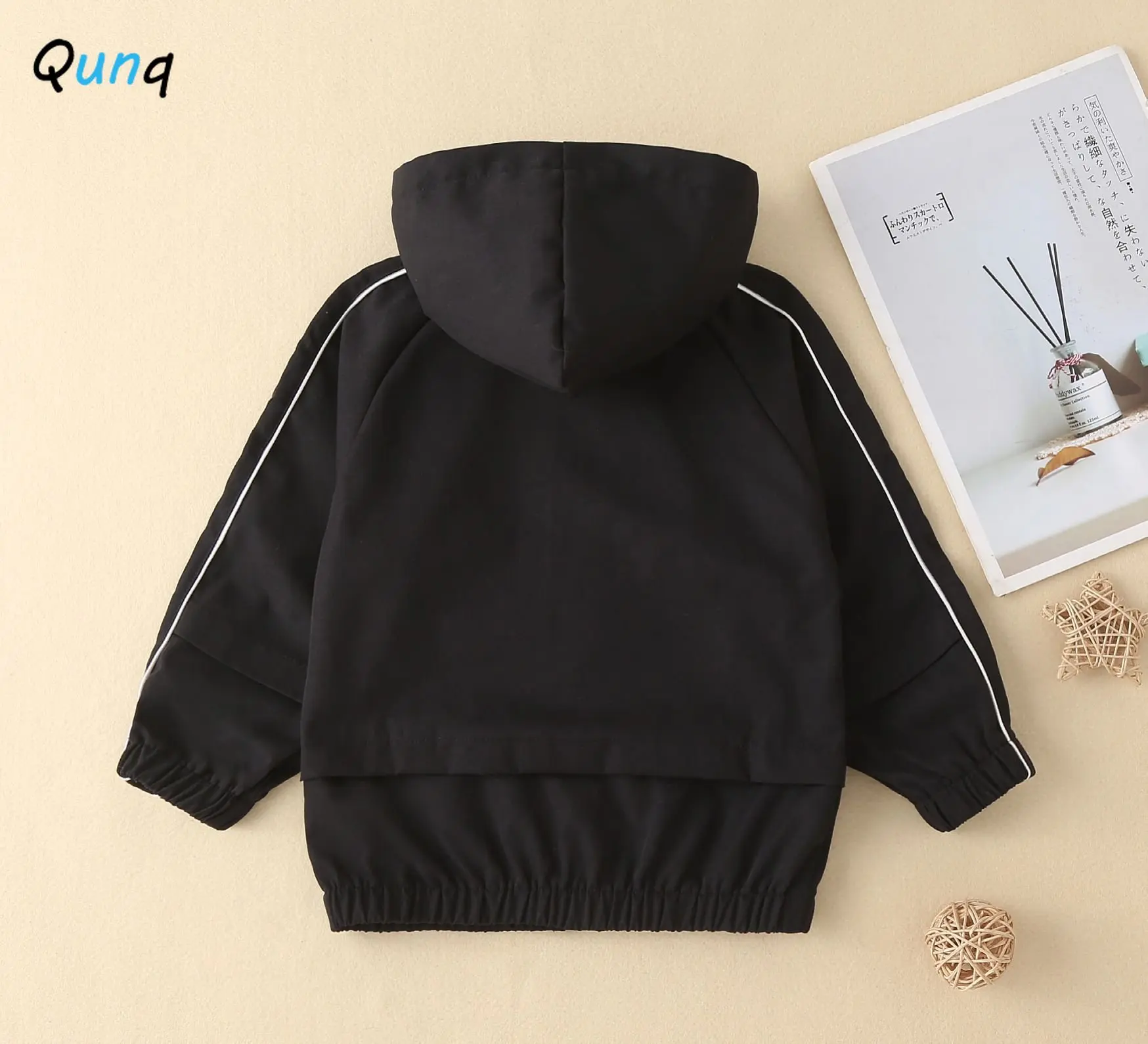 Qunq Autumn/Winter Boys And Girls Solid Hooded Splice loose Long Sleeve pullover Top Sweatshirts Casual Kids Clouthes Age 3T-8T image 2