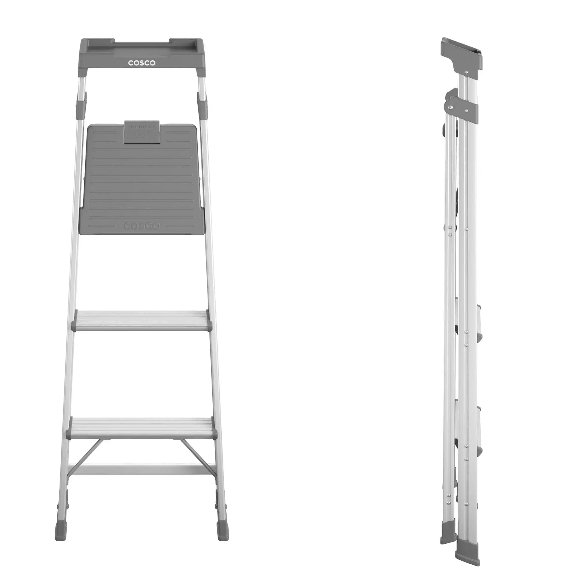 Lite Solutions 3-step Step Stool 9ft 3in Max Reach (Aluminum and Gray 1 Pack)