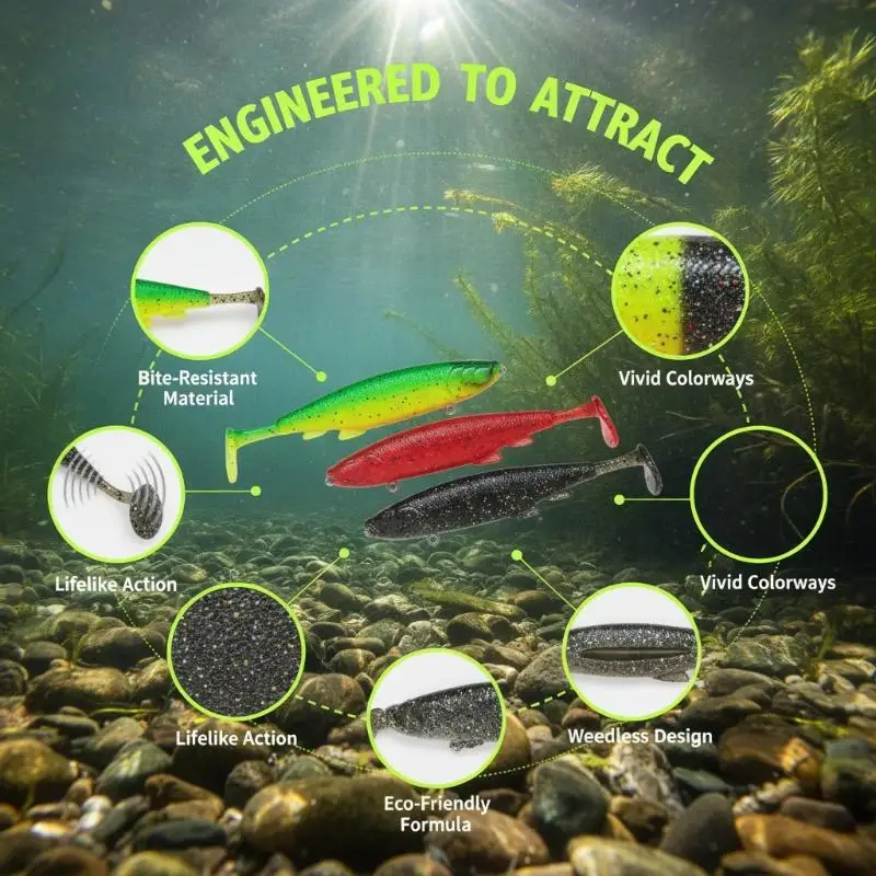 10 Stück weiche Angelköder mit Schwanz, die eine realistische Schwimmwirkung aufweisen und in leuchtenden Farben für Angelausflüge und andere Aktivitäten im Freien erhältlich sind. – Detail 7