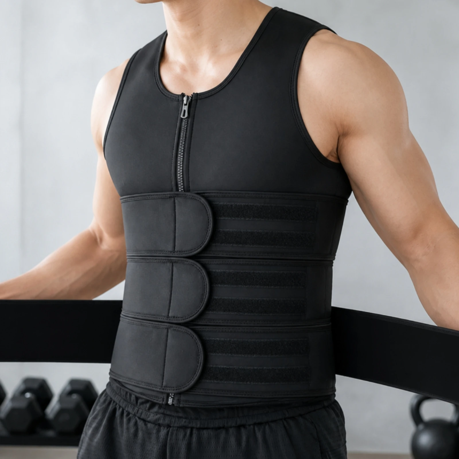 Men's Body-Shaping Vest Seamless Neoprene Waist Trimmer Vest with Hook-and-Loop Straps Zipper Body Shaper Tank Top Close-Fitting