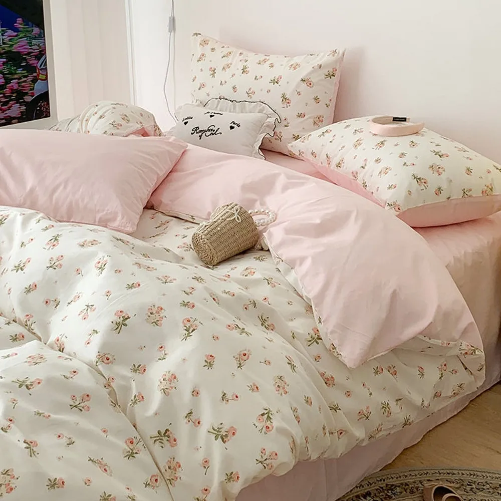 

Pink Floral Bedding Set Soft Ins Single Double Queen Size Duvet Cover Flat Sheet Pillowcase Girls Home Totel Bed Linens