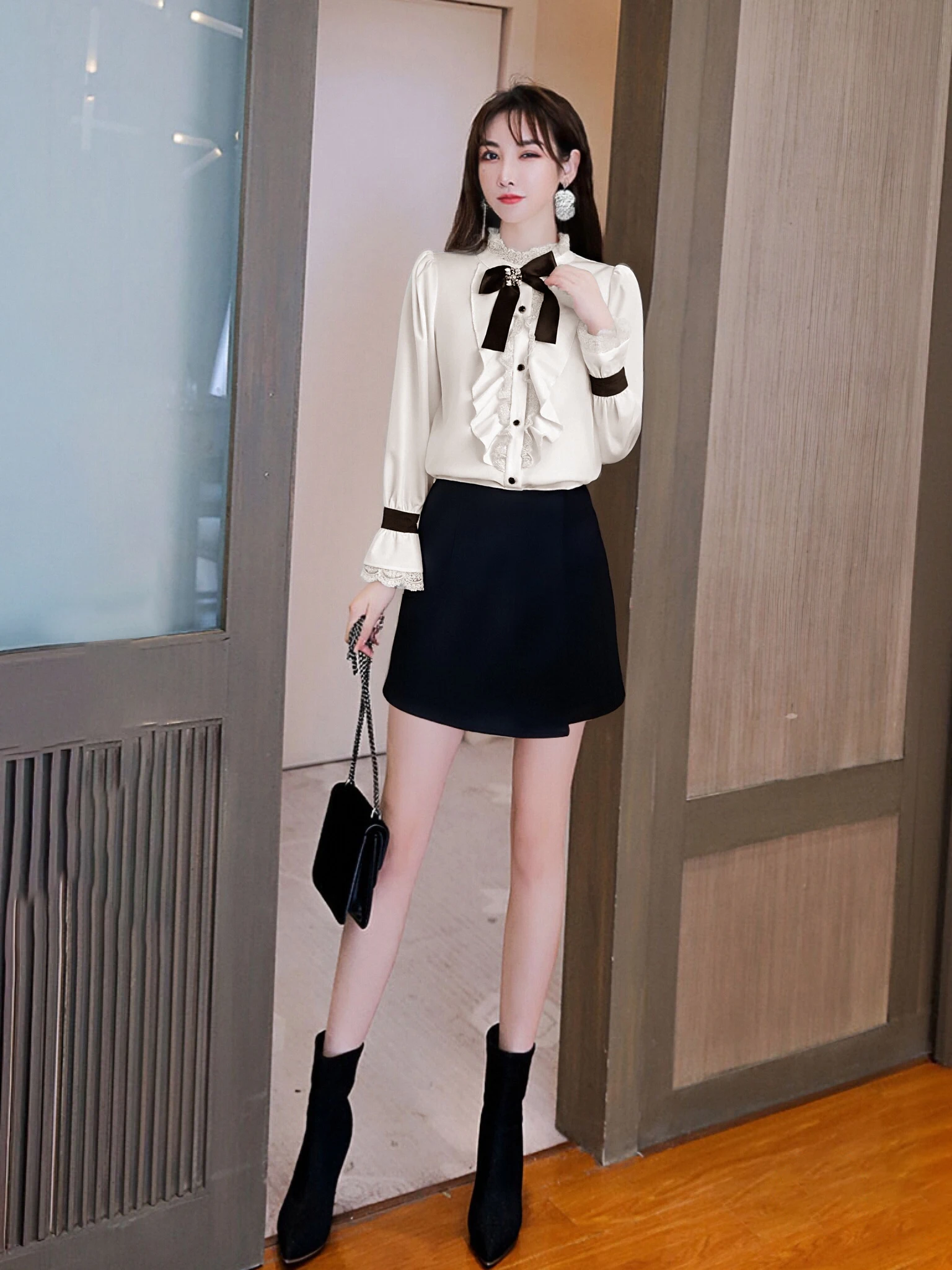 

High Waist Lace Patchwork Shirt Top And Skirt Set Women's Fashion Casual Style Two-Piece Suit Autumn Collection Chinese Brand