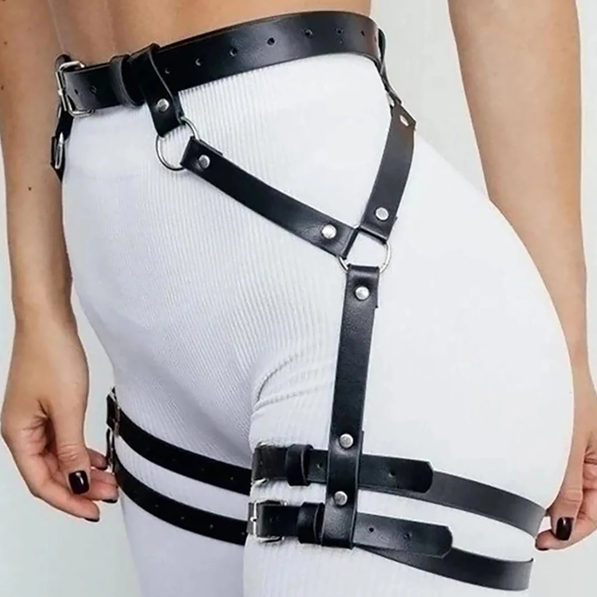 حزام ساق جلدي للنساء، كاجوال، حزام تسخير الفخذ، ملابس نادي المهرجانات، حزام رباط جلدي #3