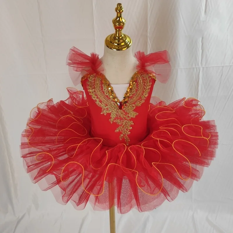 Luxury Red Tulle Ballet Tutu Golden Embroidery Rhinestone Ornament Mesh Ruffle Shoulder Curly Gold Border Professional Dancewear