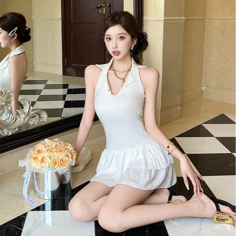 

2025 модные мини-платья с лямкой на шее, женское шикарное платье с отложным воротником и оборками по подолу, трапециевидное платье, летняя женская уличная одежда для вечеринок