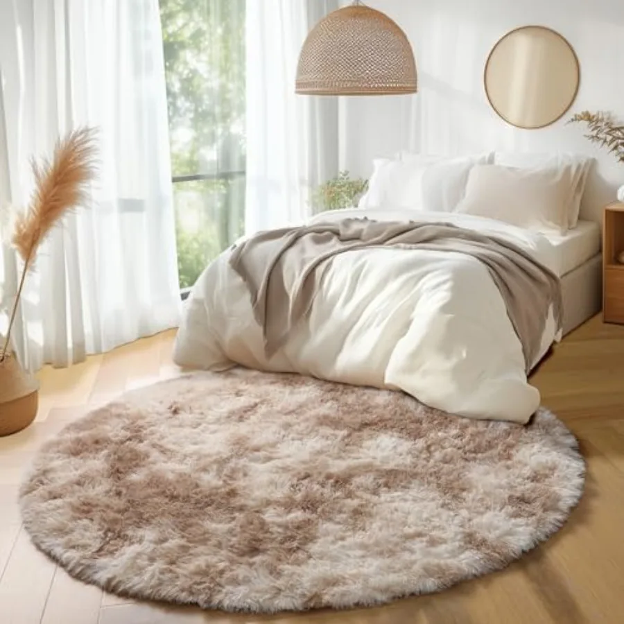 TieDyed Beige Tan Round Area Rug 4Ft for Bedroom Fluffy Plush Shag Furry Circle Rugs for Room Living Room Decor Aesthetic Cute