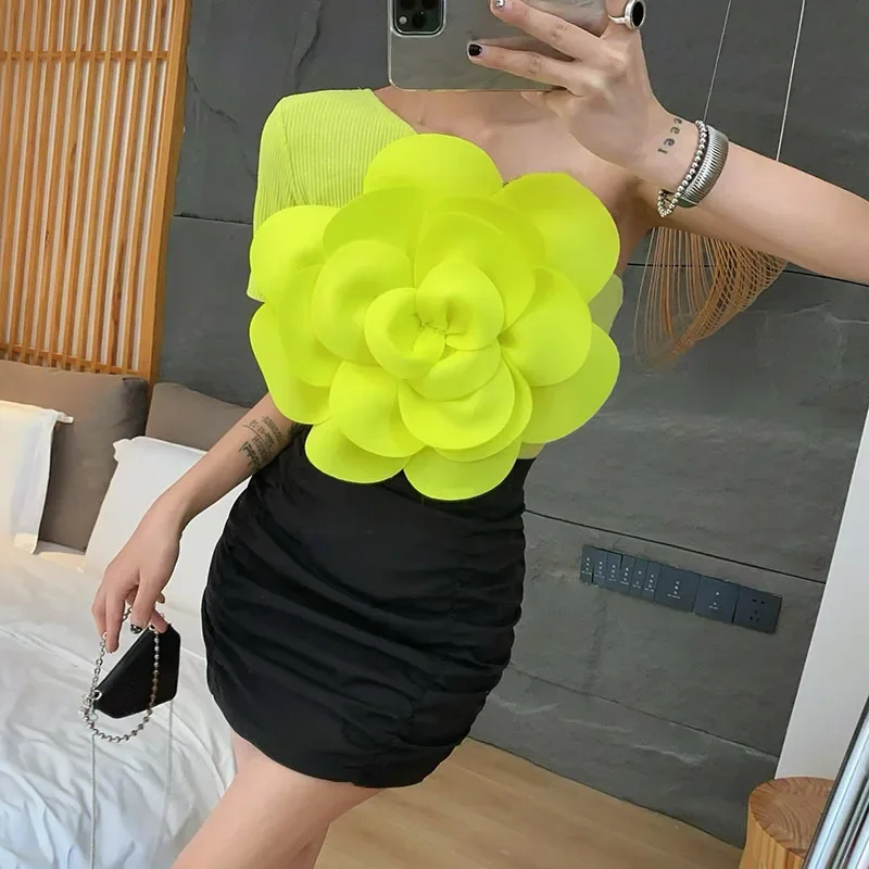 2024 New Summer Vest Women Three-dimensional Flowers Patchwork Slim Off-shoulder Backless Sleeveless Suspender Female