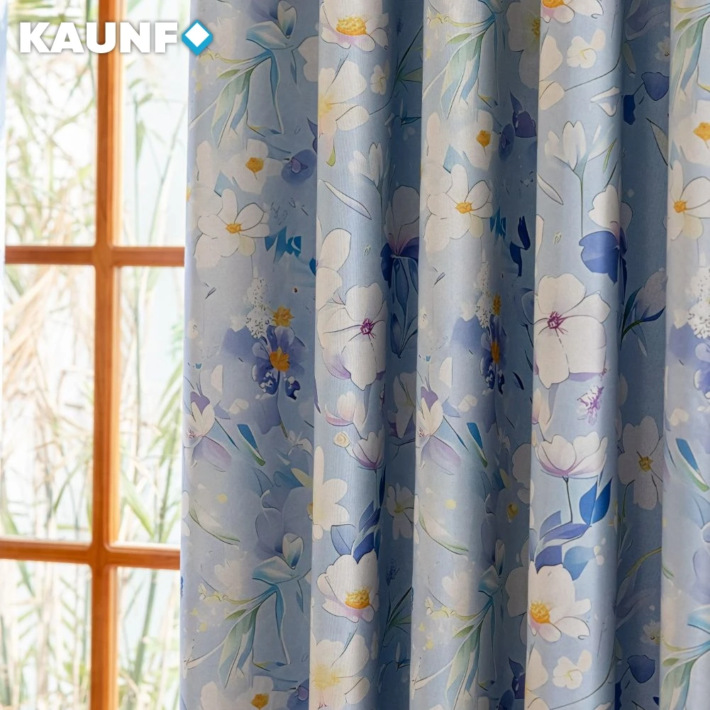 1PC Light Blue Floral Patterned Curtains for Living Rooms 100% Blackout Retro Floral Printed Curtains Healing Home Decor
