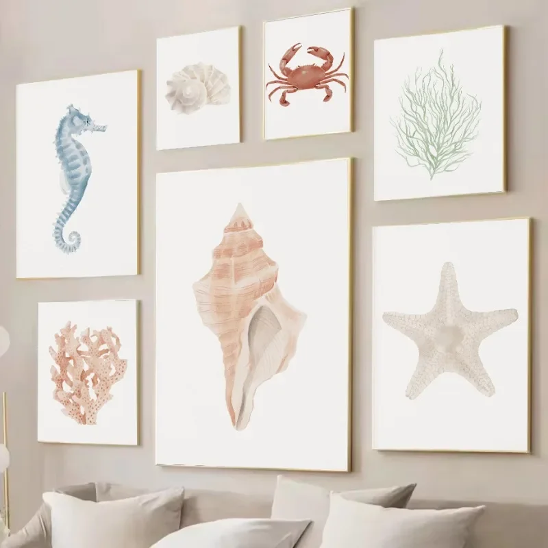 1pc frameless Canvas painting Watercolor Boho Beach Coastal Marine Life S-Seahorse Crab Starfish Coral Poster Canvas Painting Wa