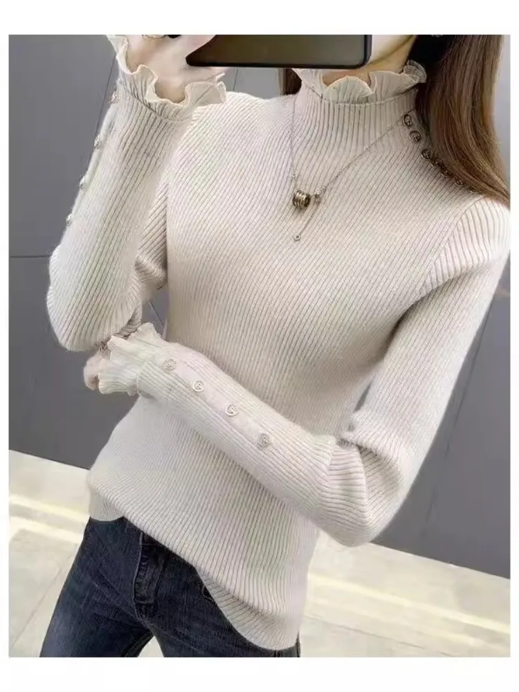 Haut tricoté avec bordure en dentelle, col haut, coupe cintrée, couche de Base, Cisas, décontracté, confortable, vêtements intérieurs pour femmes, pull mi-long