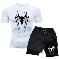 Conjunto de compresión para hombre, Top deportivo de boxeo de manga corta para gimnasio + pantalones cortos de entrenamiento, traje de Rashguard ajustado transpirable de secado rápido de doble capa