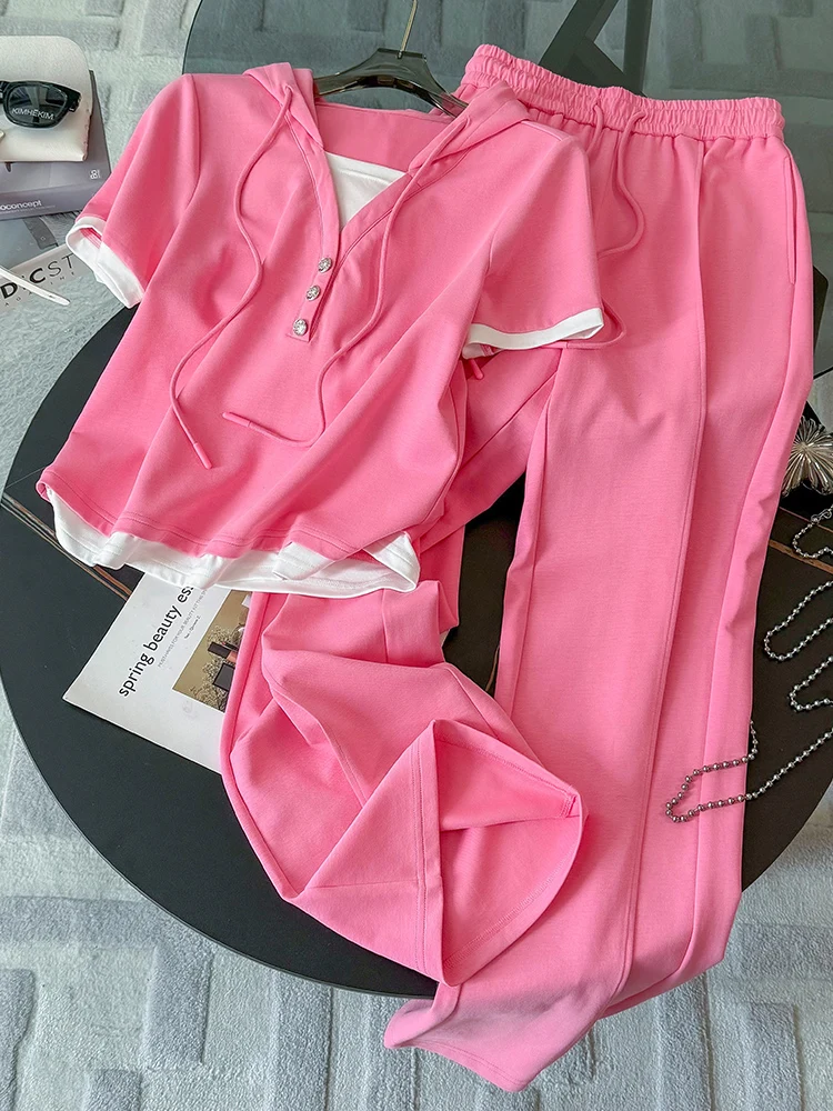 

Летний спортивный повседневный комплект для женщин: модные брюки с широкими штанинами и топ с коротким рукавом, комплект из двух предметов, предотвращающий старение кожи