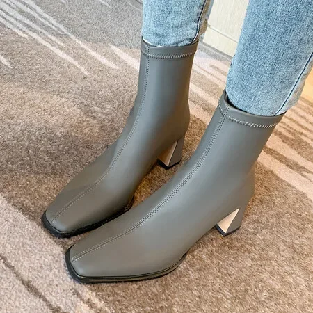 Women Ankle Boots Fashion Square Toe High Heels Back Zipper Short Boots Square Heel Elegant Female Winter Warm Plush Shoes