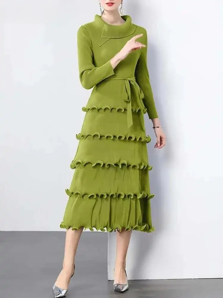 

Pleated Fashion Casual Versatile Dresses Women's Lapel Full Sleeve Tie Elegant Evening Party Miyake 2025 Summer Women's Dresses