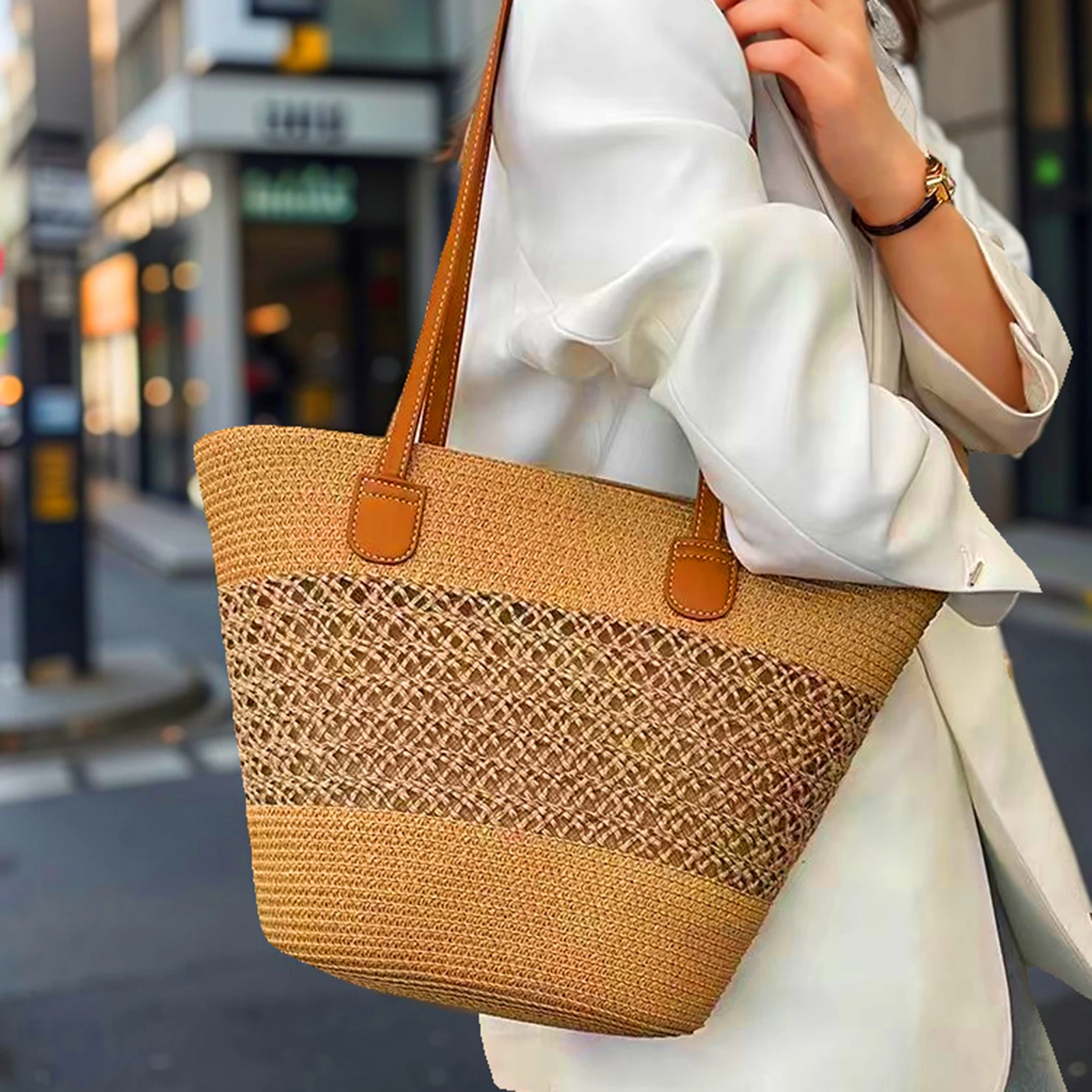 

Casual Handbag Women Crochet Beach Handbag Shopper Casual Weaving Handbag Fashion Ladies Shopper Tote Bag for Holiday Travel