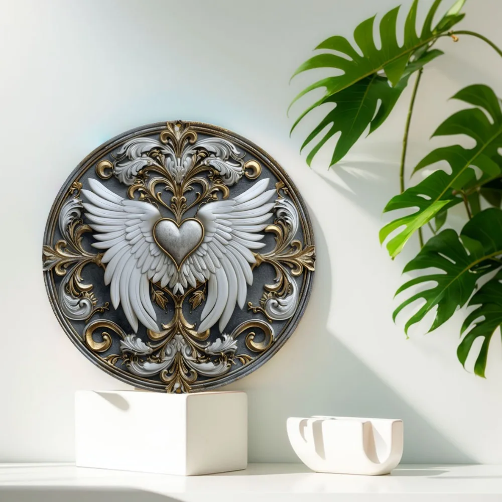 Round Aluminum Sign, Heart Shaped, Feather Themed, Office Room, Home, Cafe Decorations, Wall Art Decoration , Thanksgiving Gift