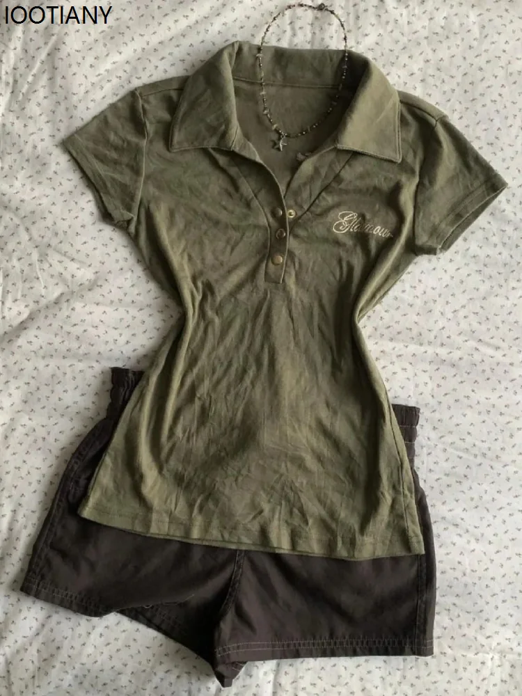 Vintage Polo Shirt Y2k Women's Gothic Style V-neck Slim Harajuku American Letter Print Punk Army Green Short Sleeve T-shirt 2025