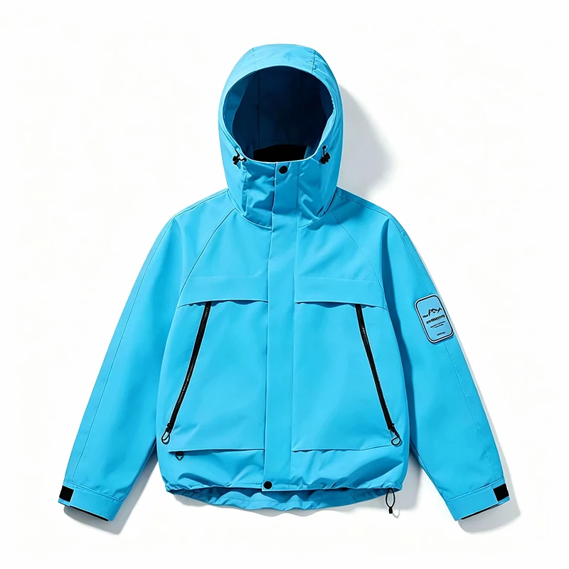 Outdoor Hooded Windproof Jacket Men Women Water Repellent Hiking Rain Coat Zip Pocket Adjustable Cuffs Casual Short Outer Jacket
