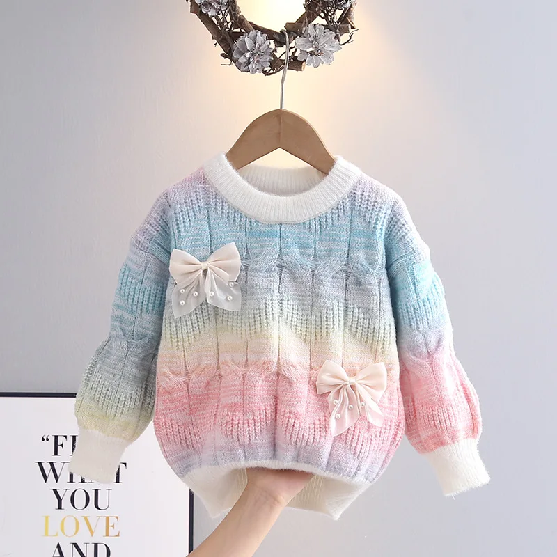 

Girls' Colorful Knitted Thick Sweater Autumn/Winter 2025 Children's Knitted Sweater for Base Layer