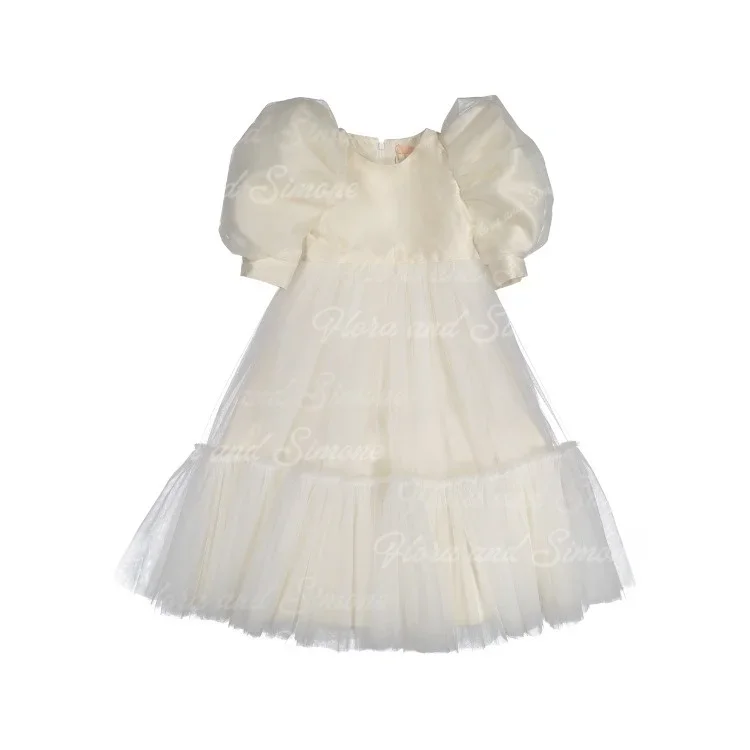 Elegante satijnen bloemenmeisjesjurk met bubbelmouwen voor bruiloft Ronde hals Pluizige kinderverjaardag Eerste communiejurk op maat