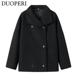 DUOPERI Women Autumn Winter Thick Woolen Jacket Double Breasted Long Sleeves Female Chic Lady Casual Coat Mujer