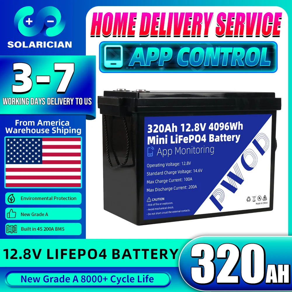 

US Stock APP control 12V 320Ah LiFePO4 Battery Pack Built-in 4S 200A BMS Grade A 12.8V Lifepo4 Battery For RV Solar Home energy storage Battery