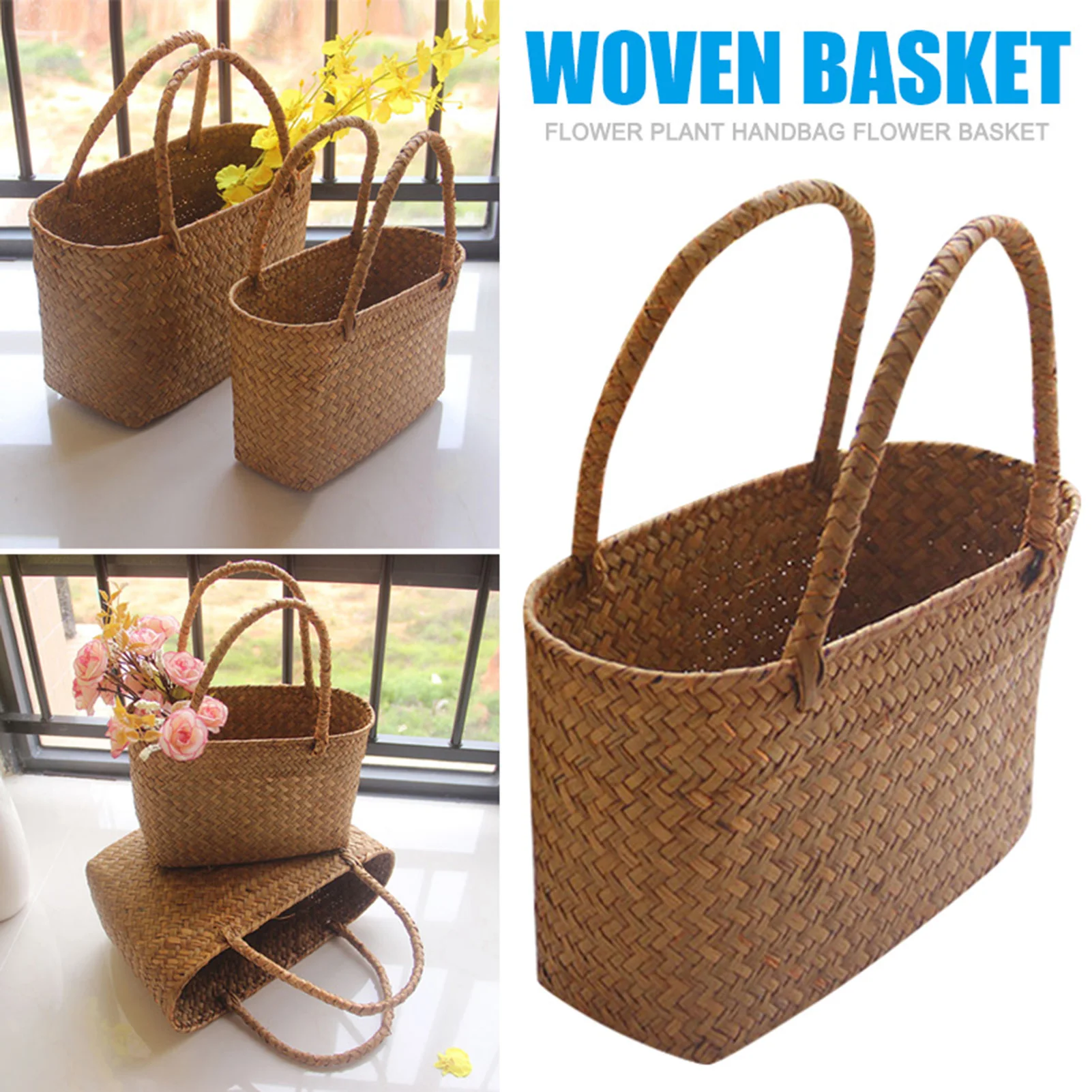 Seaweeds Woven Basket Bag Durable Laundry Basket Market Bag for Home Gardening Living Room
