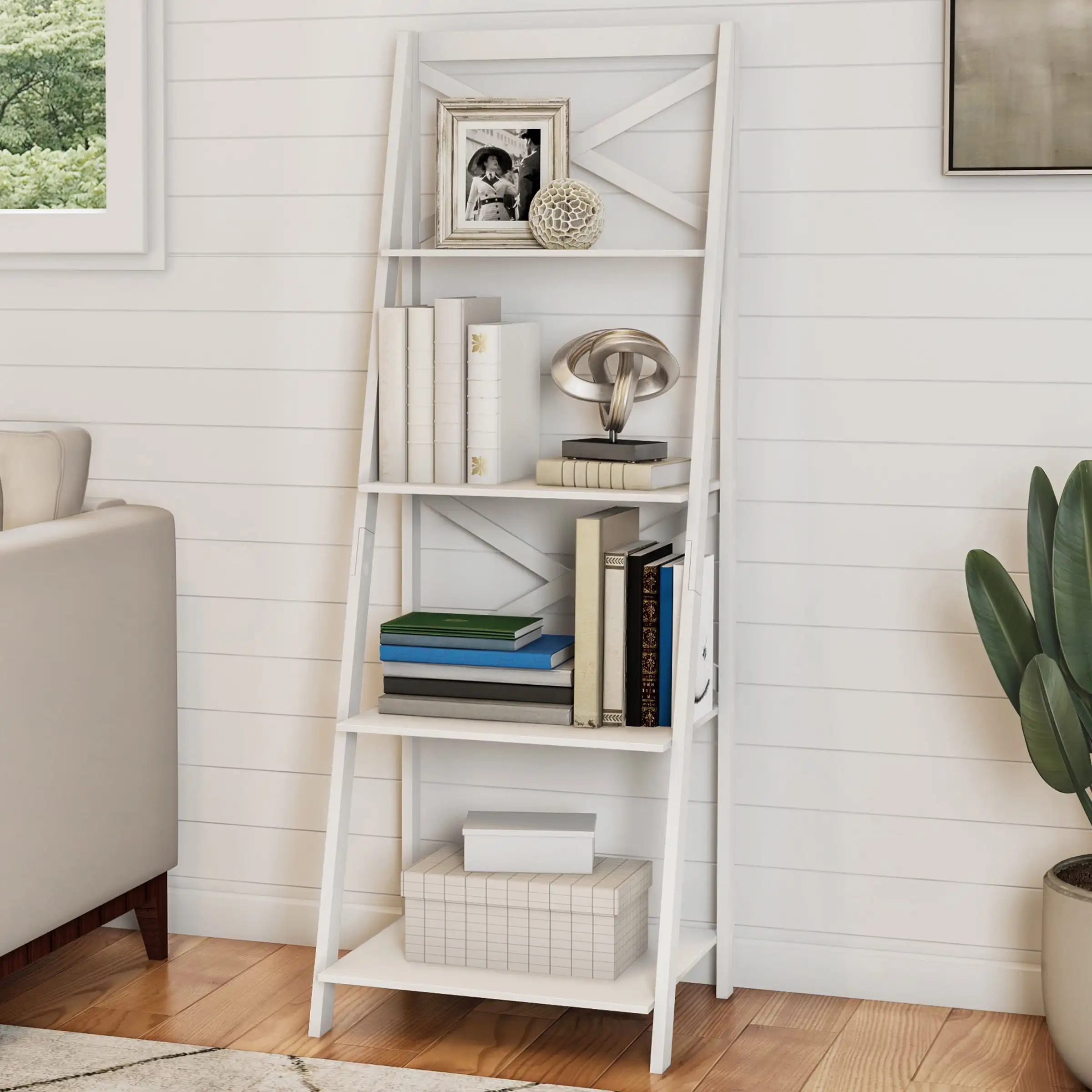 

Lavish Home 4-Tier Freestanding Ladder Bookshelf with X-Back Frame, White