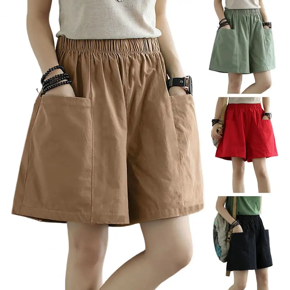 Elegant Fashion Harajuku Slim Fit Female Clothes Casual Wide Leg Pants Solid Pockets High Waist Straight Leg Shorts