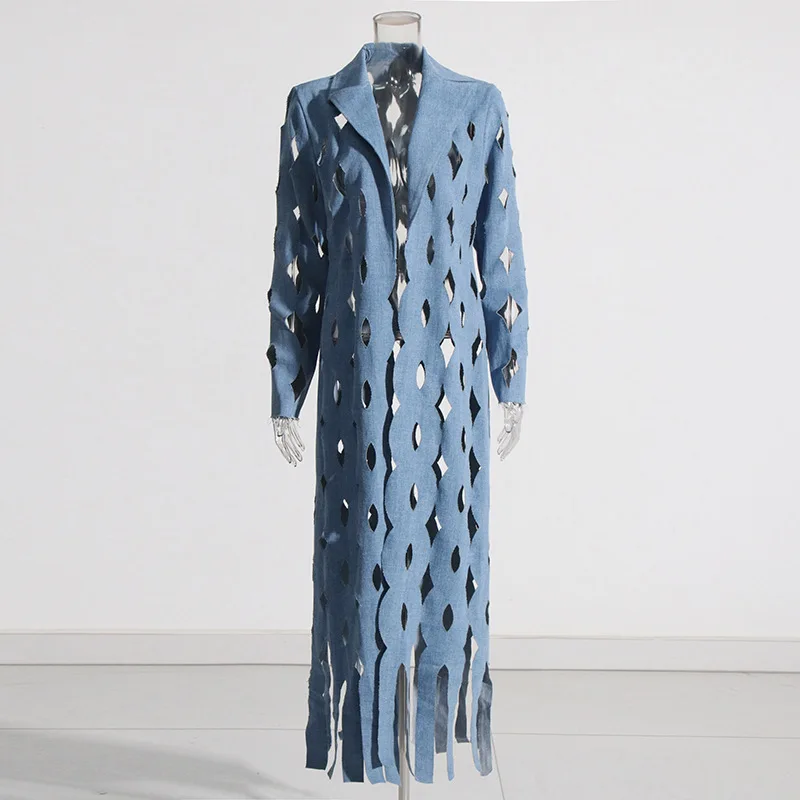 ZAMOR HIGH STREET Cross-Border Trench Coat 2026 New Unique Design Hollow Out Knot Fringe Long Denim Jacket for Women