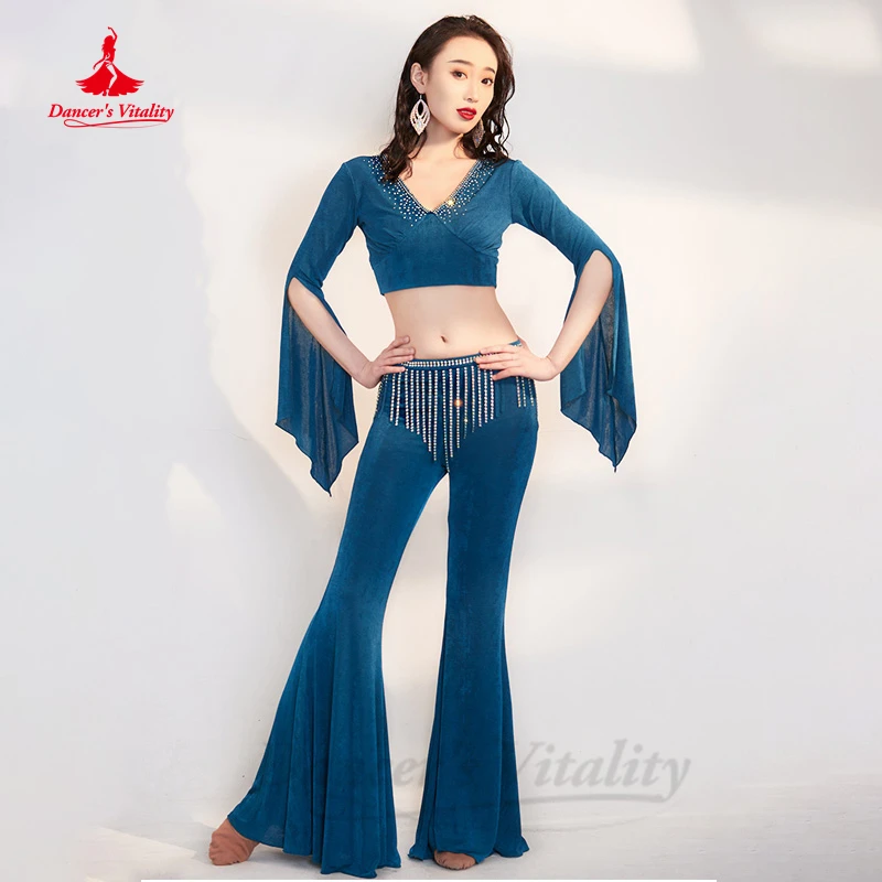 Belly Dance Perfomance Suit for Women Gauze Long Sleeves Top+bell-bottom Trousers 2pcs Girl's Oriental Bellydancer's Outfit