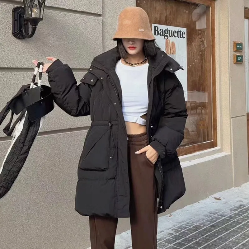 2025 Winter New Korean Style Women Down Jacket Long Thick Warm Waist Hooded Loose Petite Coat