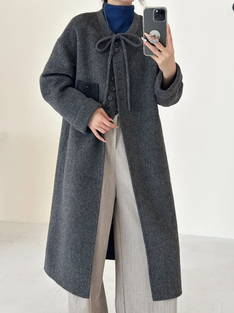 ZMEENNA femmes gris anthracite laine mélange Long manteau col montant cravate détail chaud formel mode usage quotidien surdimensionné ZM3481