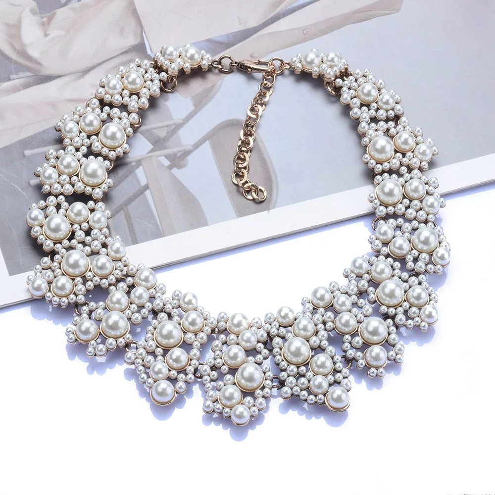 2024 New Fashion Imitation Pearls Large Collar Statement Choker Necklace Women Clear Black Crystal Rhinestones Necklace Jewelry