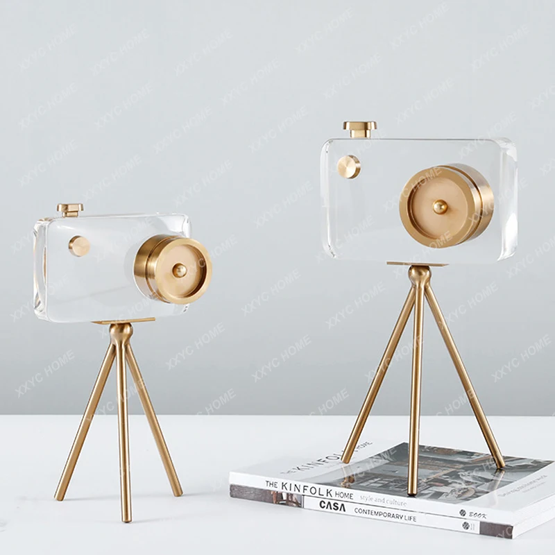 Modern Crystal Camera Ornaments With Gold Metal Stand Home Crafts Living Room Decor Objects Office Desktop Accessories Gifts