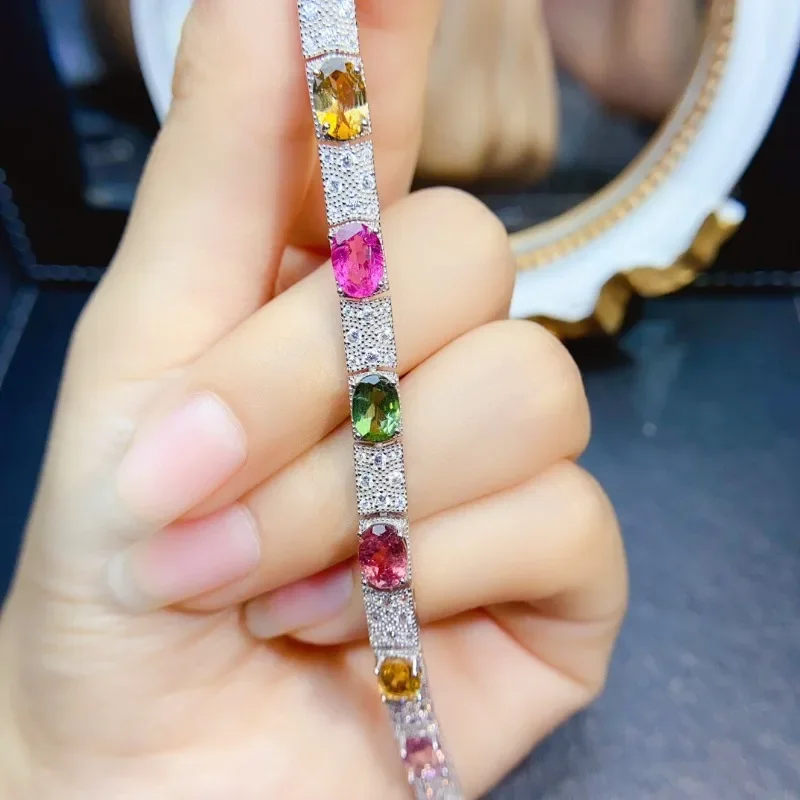 SACE GEMS New Certified 5*7mm Natural Tourmaline Bracelets 925 Sterling Silver for Women Engagement Party Fine Jewelry Gift