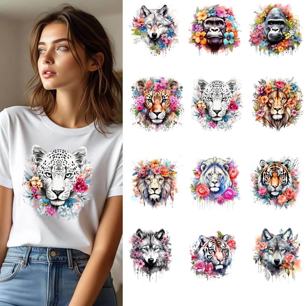 

25cm Flower Animal Lion Tiger Iron On Heat Transfer Sticker DTF Iron On Transfer Patches For Women Men Clothes T-shirt Appliques