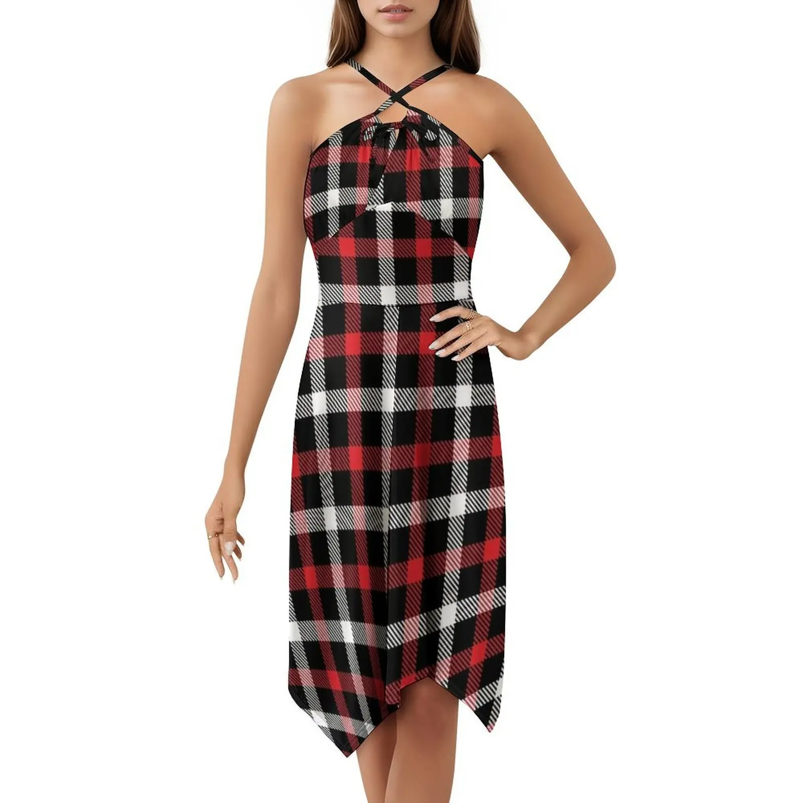 وسادة حمراء منقوشة الترتان منقوشة رمي الوسائد منقوشة المرأة فستان حفلة أنيق فستان على شكل حرف a مع خيارات قصيرة/طويلة/بدون أكمام #1