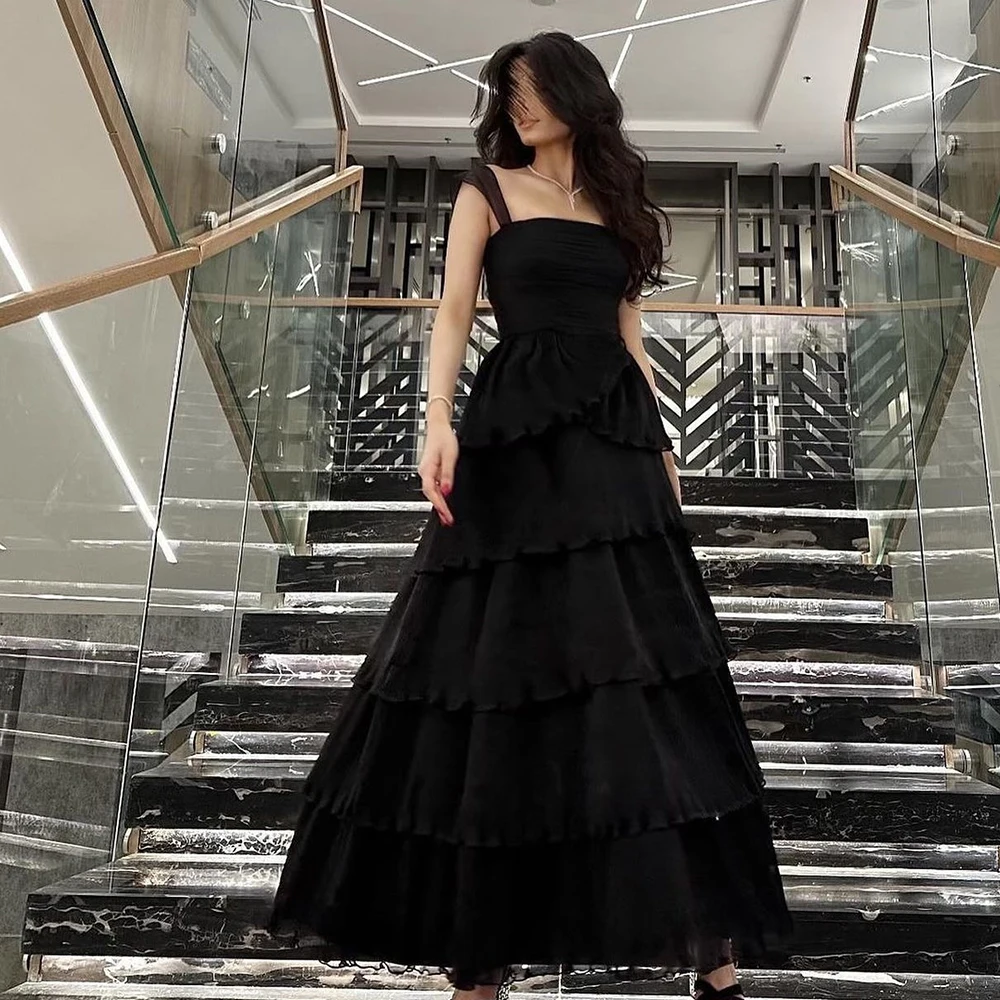 

Formal Black A-Line Square Neck Evening Dress Floor Length Chiffon Tiered Pleats Sleeveless Bespoke Occasion Gowns Saudi Arabia