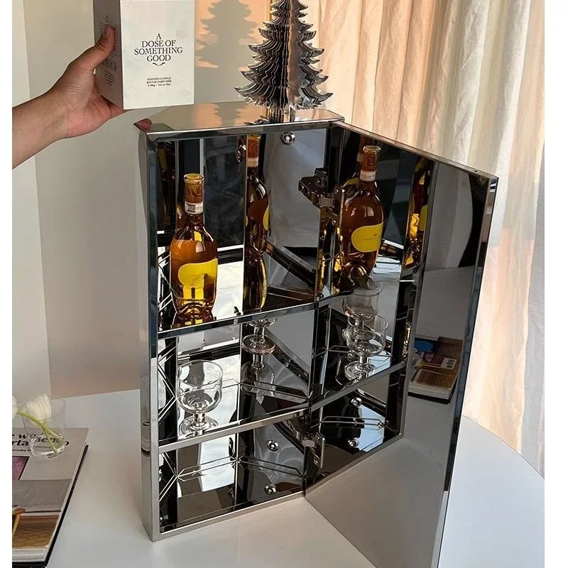 Stainless steel small apartment corner bathroom mirror cabinet, multi-layer bathroom storage cabinet